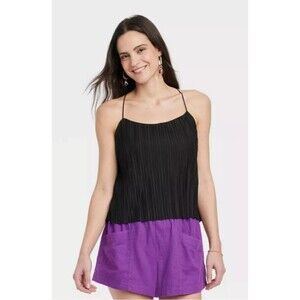 Women's a new day Plisse Cami Top Black Medium